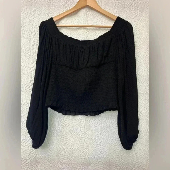 All Saints Sz 10 Tia Top Shirt Black Textured Lightweight Puff Sleeve Boho Chic - Picture 10 of 11